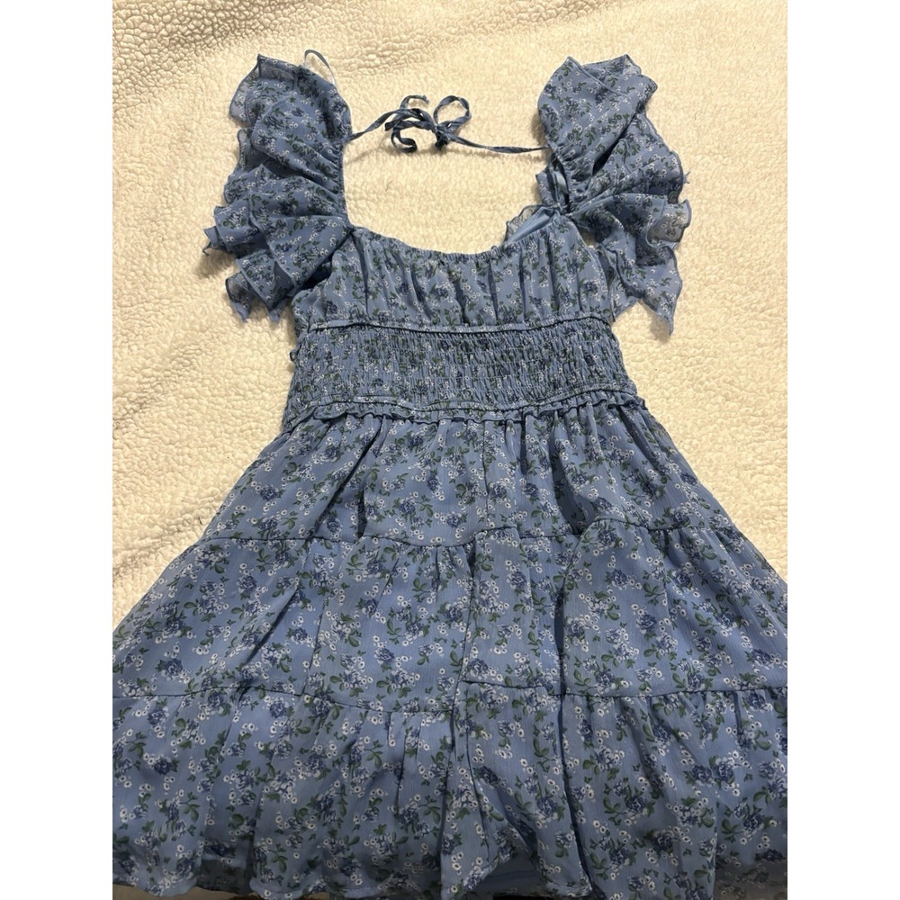Trixxi Blue Floral Smocked Mini Dress Ruffle Sleeve Size S 13